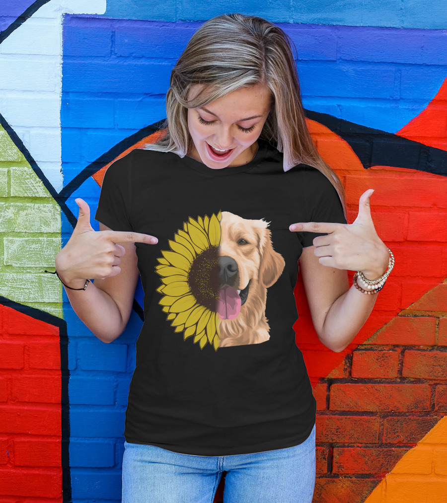 Golden Retriever Sunflower Half Face T-Shirt