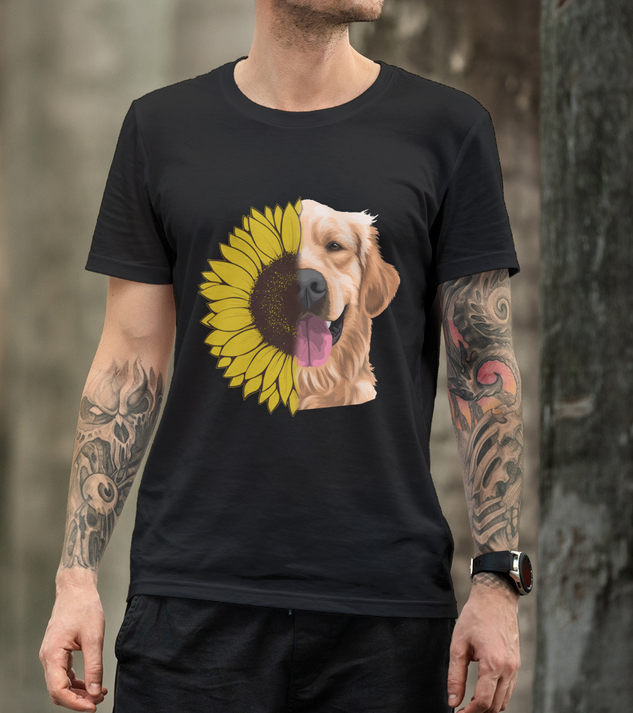 Golden Retriever Sunflower Half Face T-Shirt