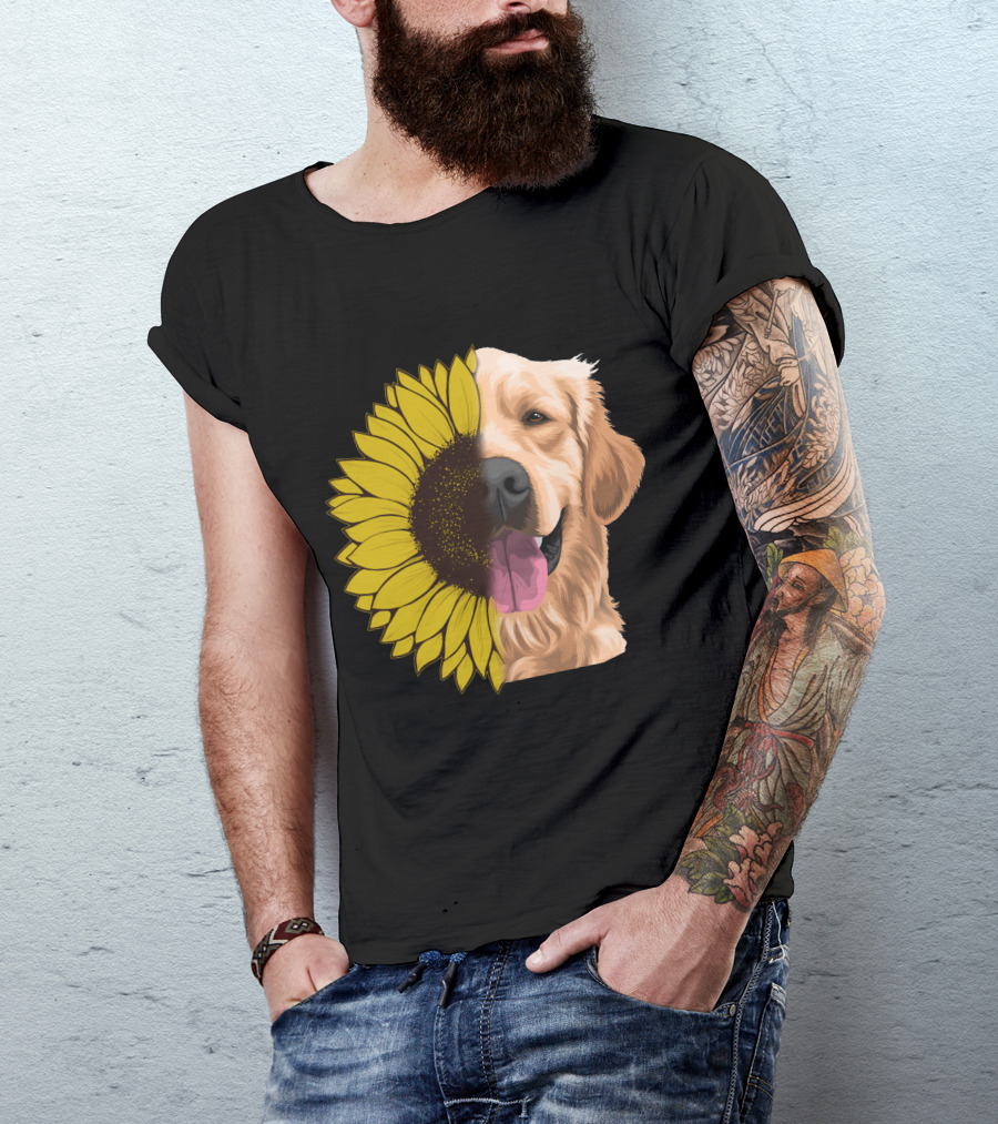 Golden Retriever Sunflower Half Face T-Shirt