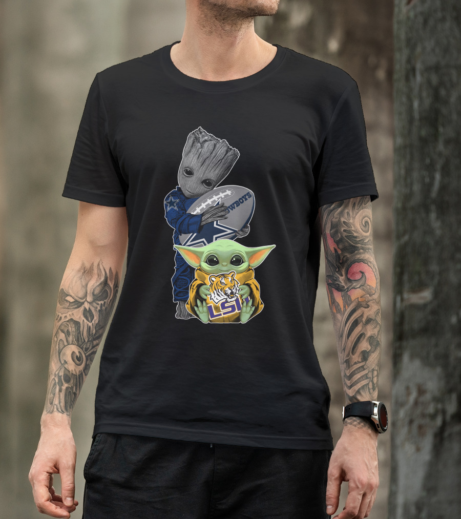 Groot Holding Cowboys Football Baby Yoda Lsu Tigers T-Shirt