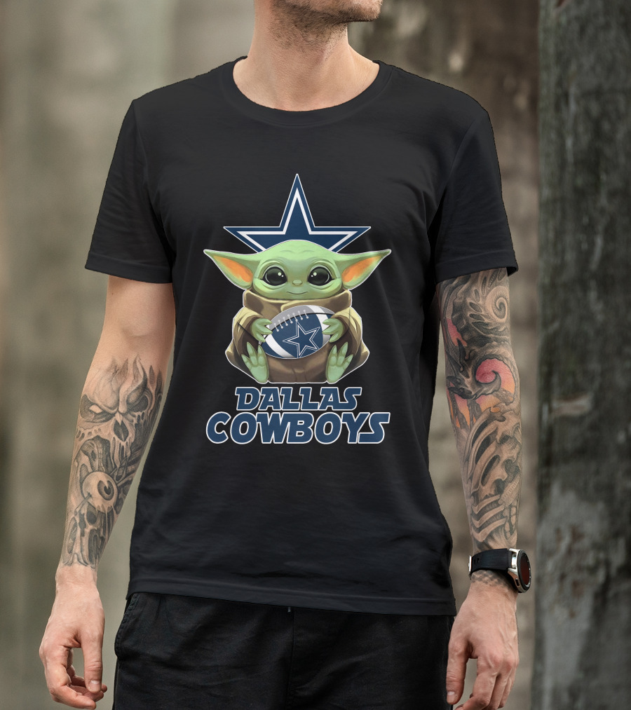 Dallas Cowboys Star Wars Baby Yoda Holding Football T-Shirt