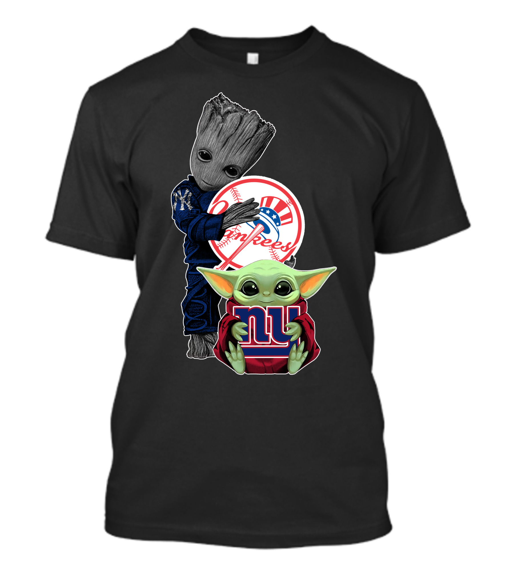 Yankees Giants Baby Alien And Tree Creature Hugging Logos T-Shirt