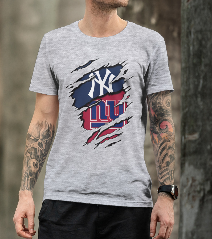 New York Yankees New York Giants Ripped Torn Combo T-Shirt