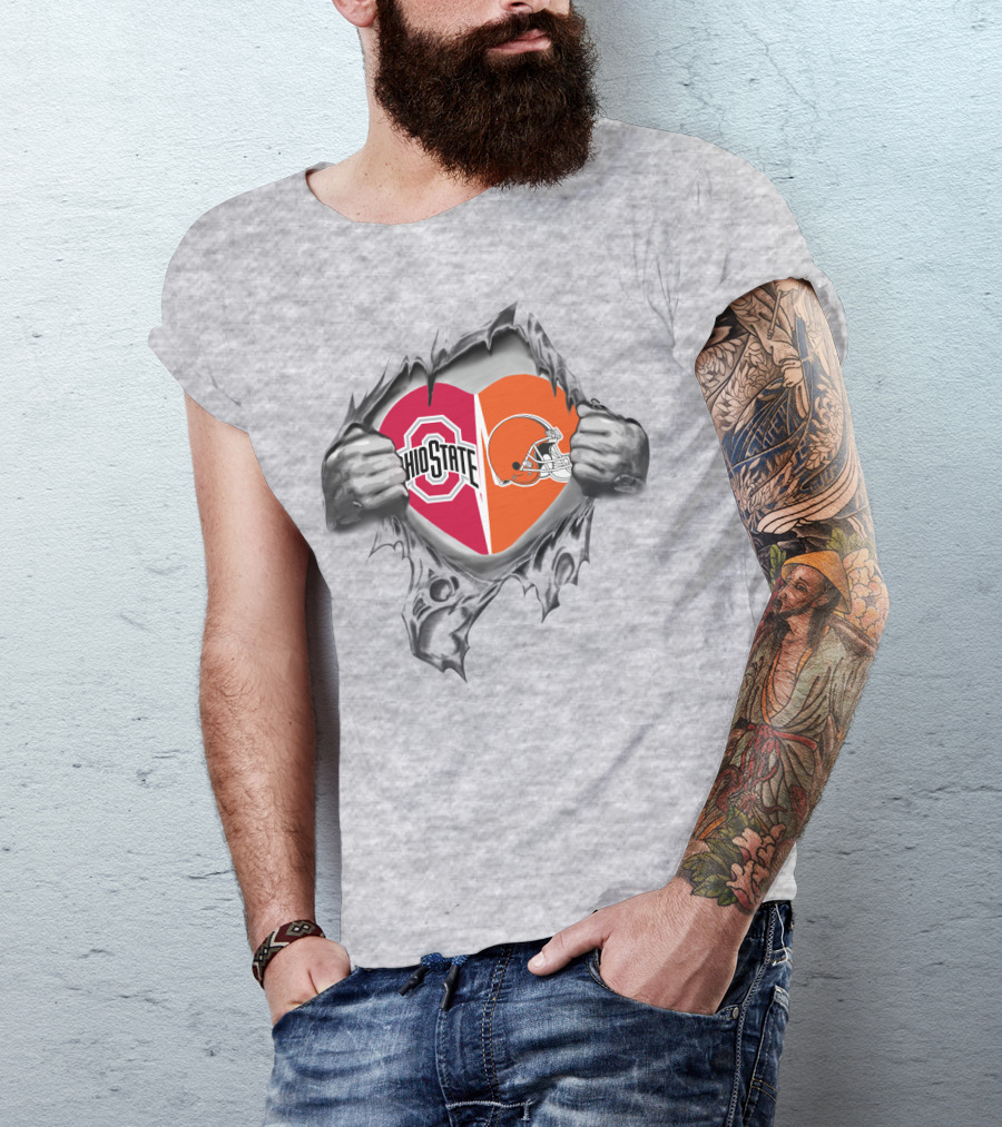 Ohio State Buckeyes Cleveland Browns Heart Logo Rip T-Shirt