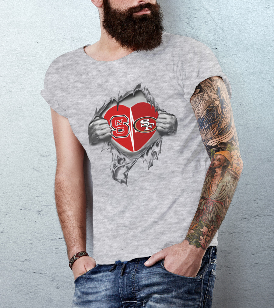 49Ers NC State Heart Symbol With Torn Fabric T-Shirt
