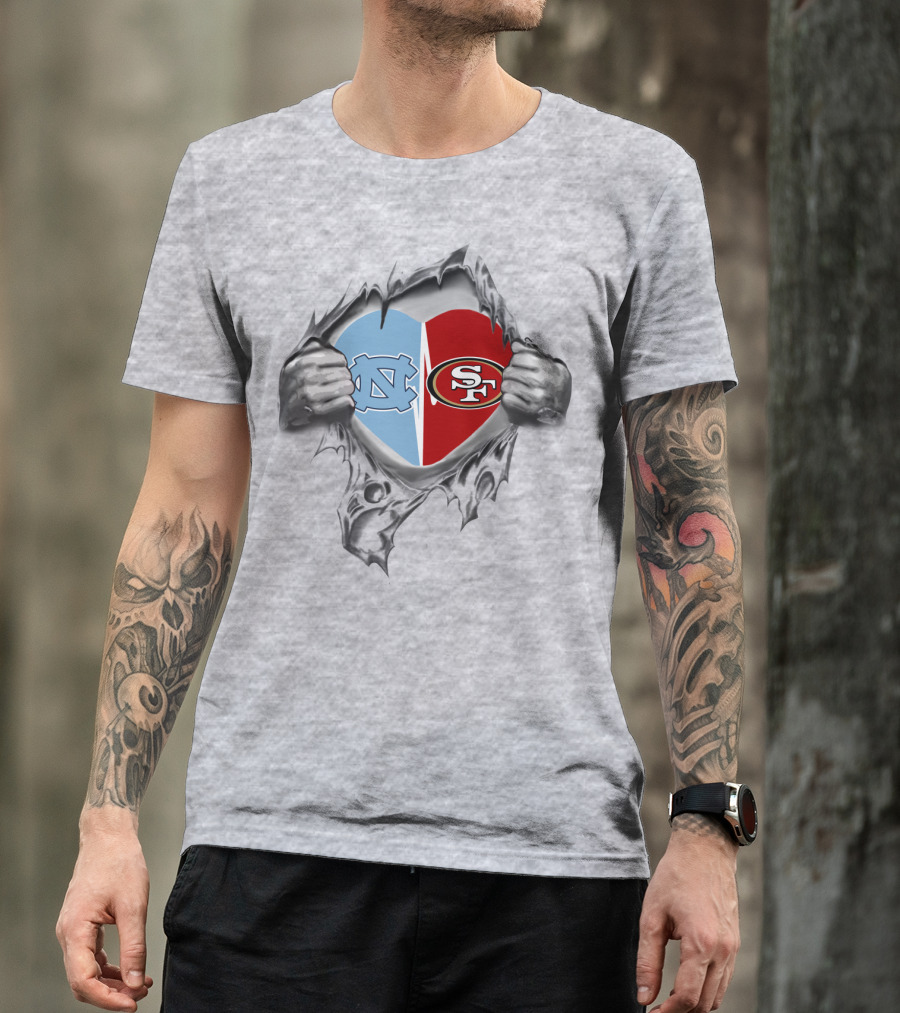 49Ers Tar Heels San Francisco UNC Heart Torn Fabric T-Shirt
