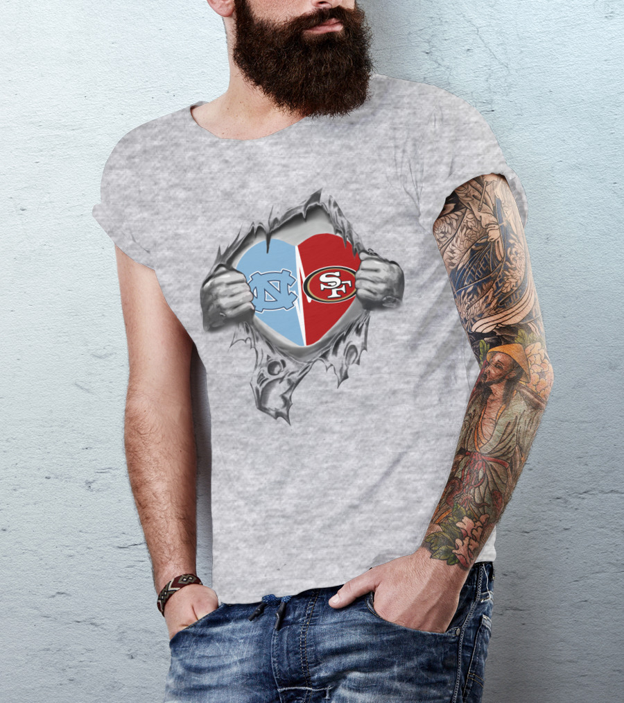 49Ers Tar Heels San Francisco UNC Heart Torn Fabric T-Shirt