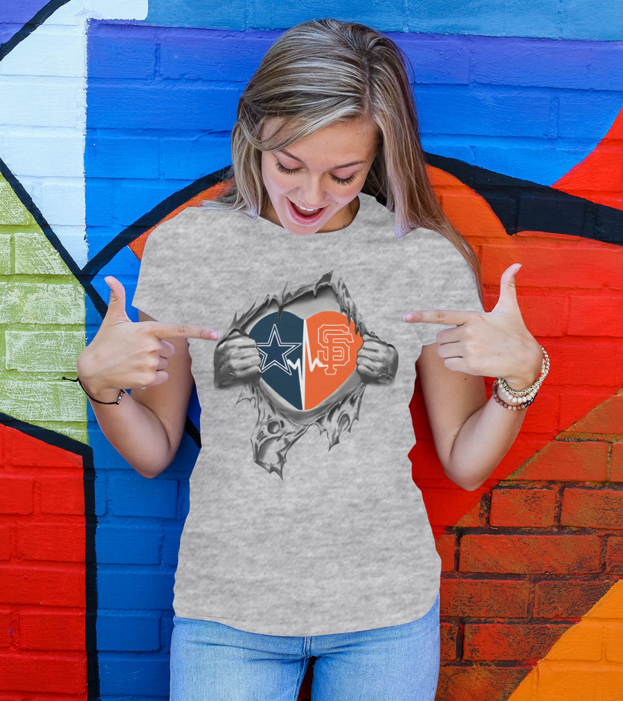 Cowboys Giants It's In My Heart Star And SF Logo Heartbeat T-Shirt