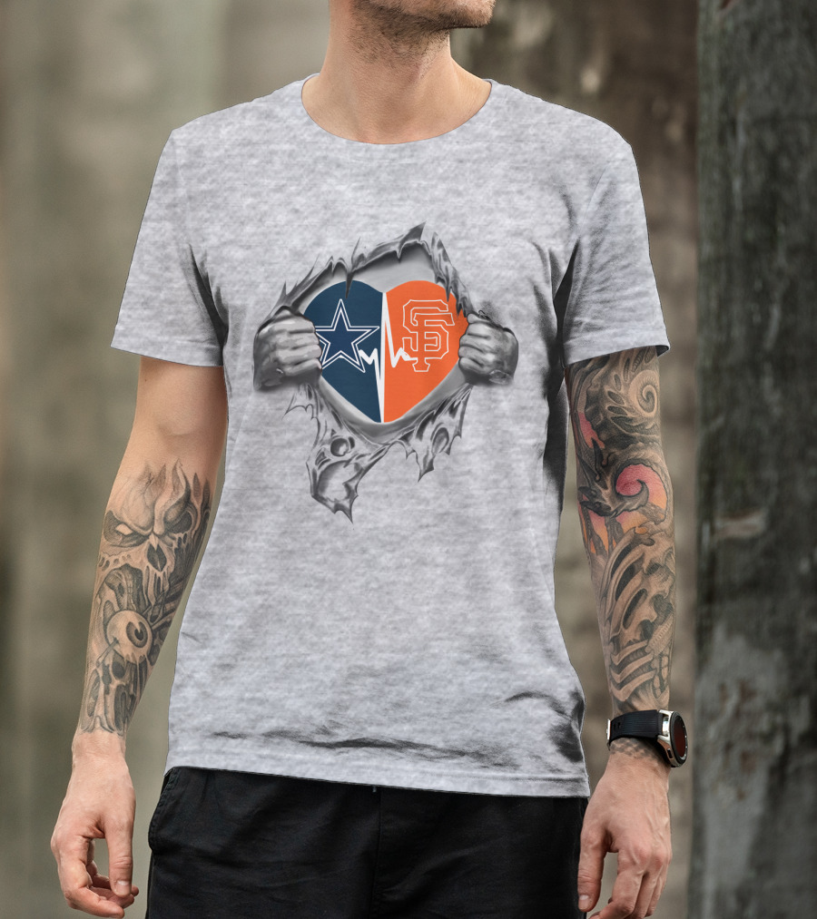 Cowboys Giants It's In My Heart Star And SF Logo Heartbeat T-Shirt