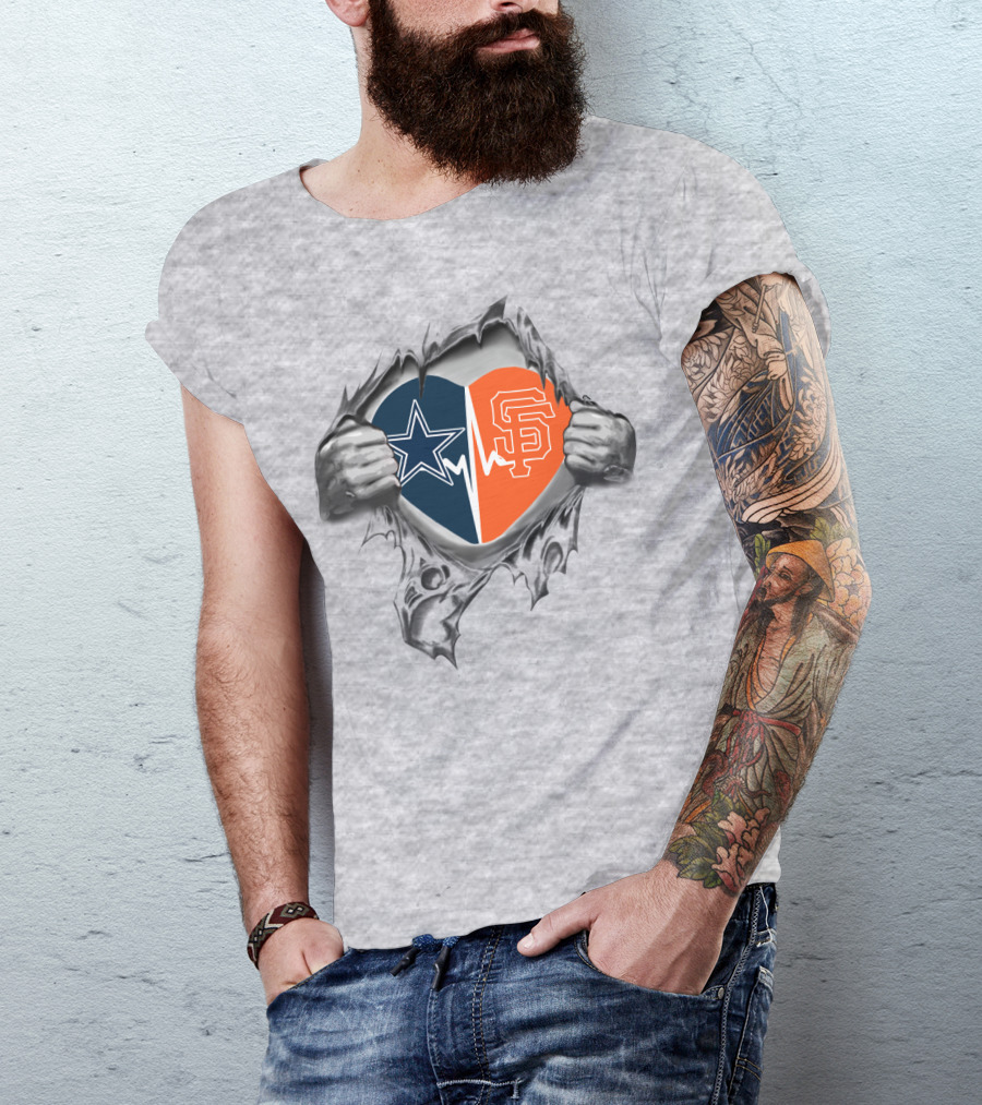 Cowboys Giants It's In My Heart Star And SF Logo Heartbeat T-Shirt