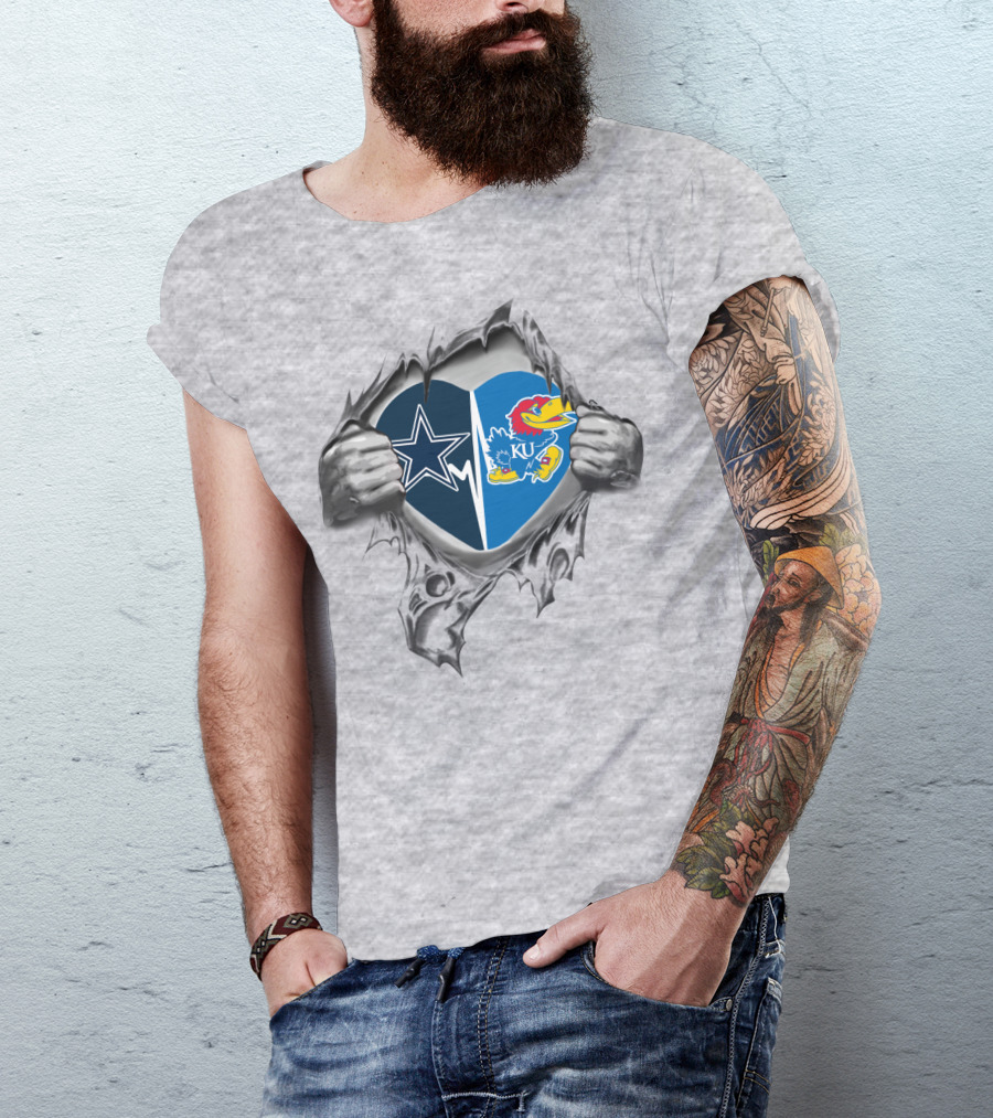 Cowboys Kansas Jayhawks Heart Team T-Shirt