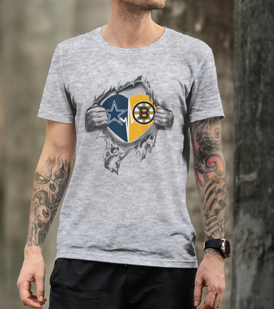 Cowboys Bruins Heart Duo With Star And B Logo Integration Silver Gray Edition T-Shirt
