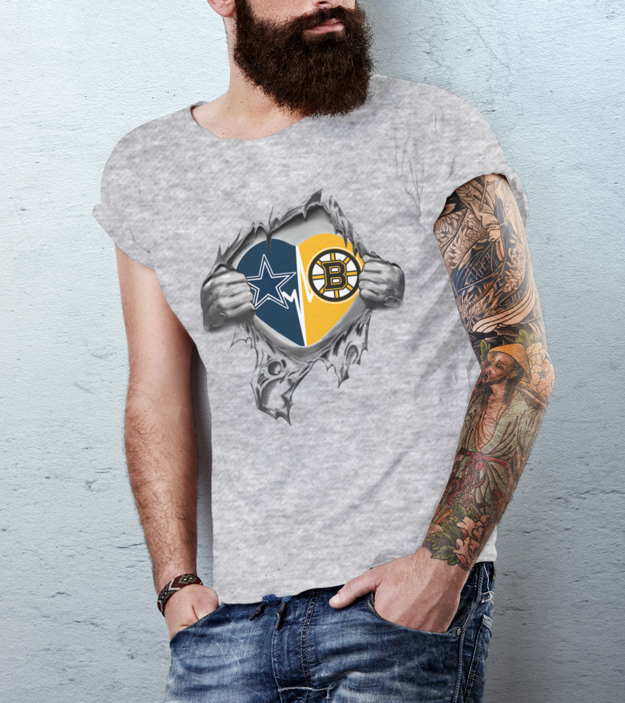 Cowboys Bruins Heart Duo With Star And B Logo Integration Silver Gray Edition T-Shirt