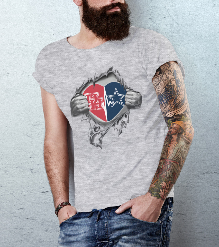 Cowboys Uh Split Heart With Symbols And Hands Tearing T-Shirt