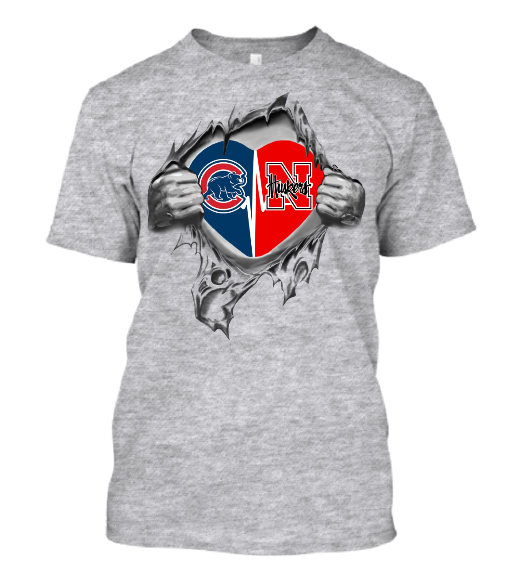 Cubs And Huskers Heart Logo With Hands Ripping Gray Background T-Shirt