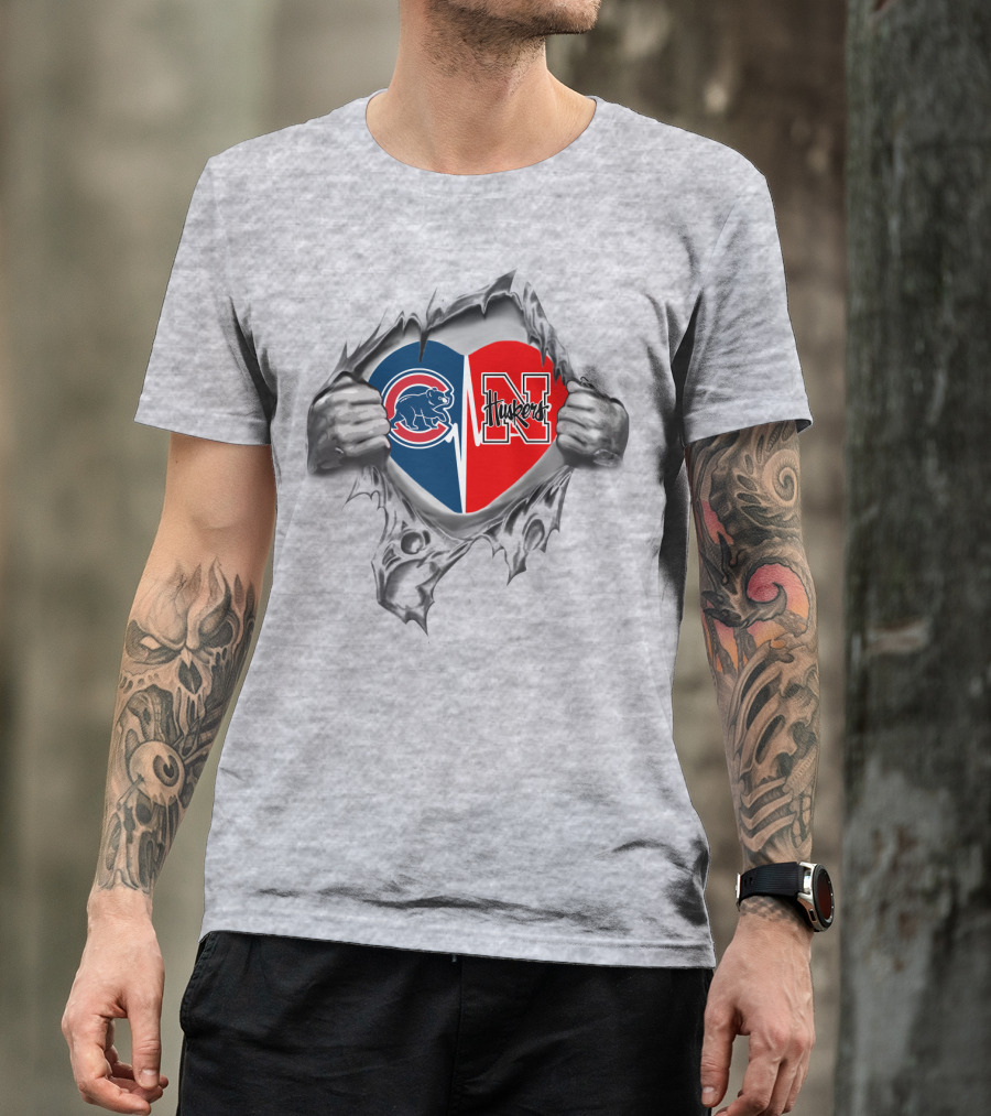 Cubs And Huskers Heart Logo With Hands Ripping Gray Background T-Shirt