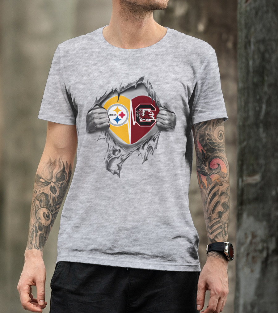 Steelers Gamecocks Heart Emblem Featuring Dual Logos With Team Spirit T-Shirt
