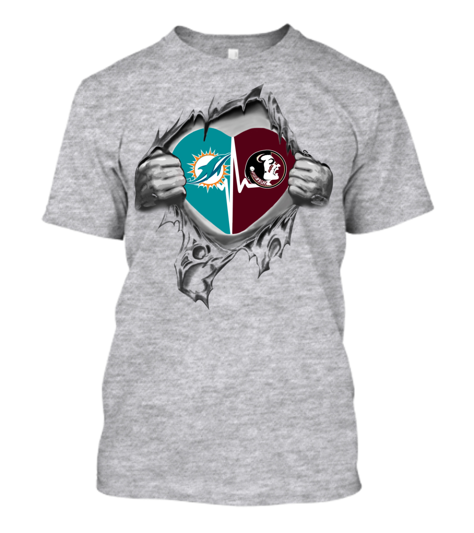 Heart Of Dolphins And Seminoles Logos Torn Open T-Shirt