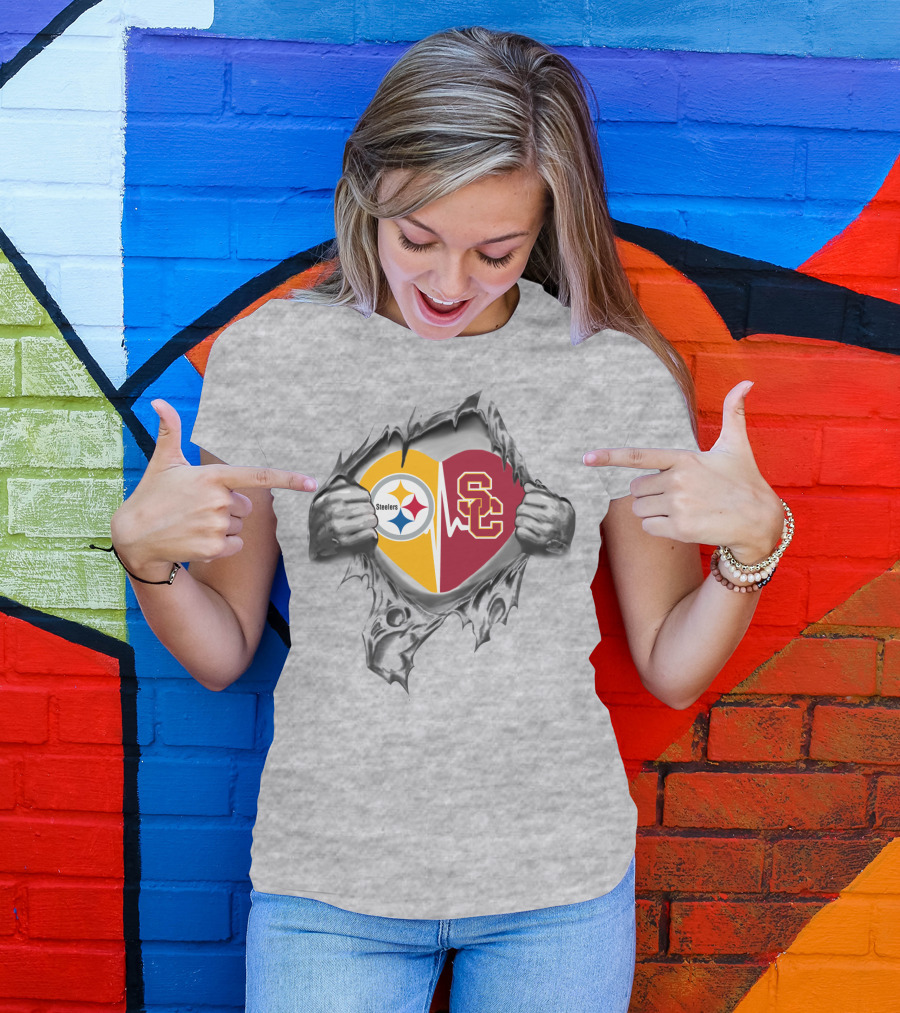 Steelers Trojans Heart Peel Steelers Emblem Trojan T-Shirt