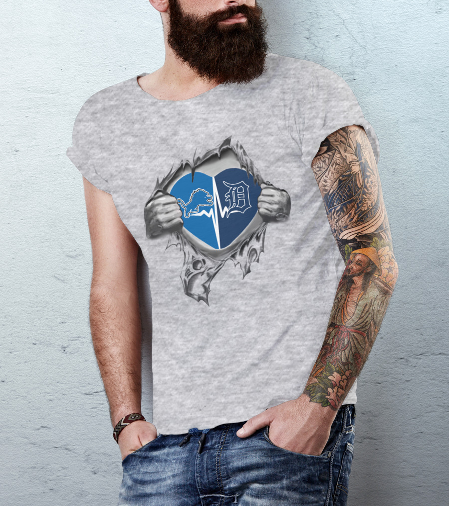 Detroit Lions Tigers Heart Logos T-Shirt