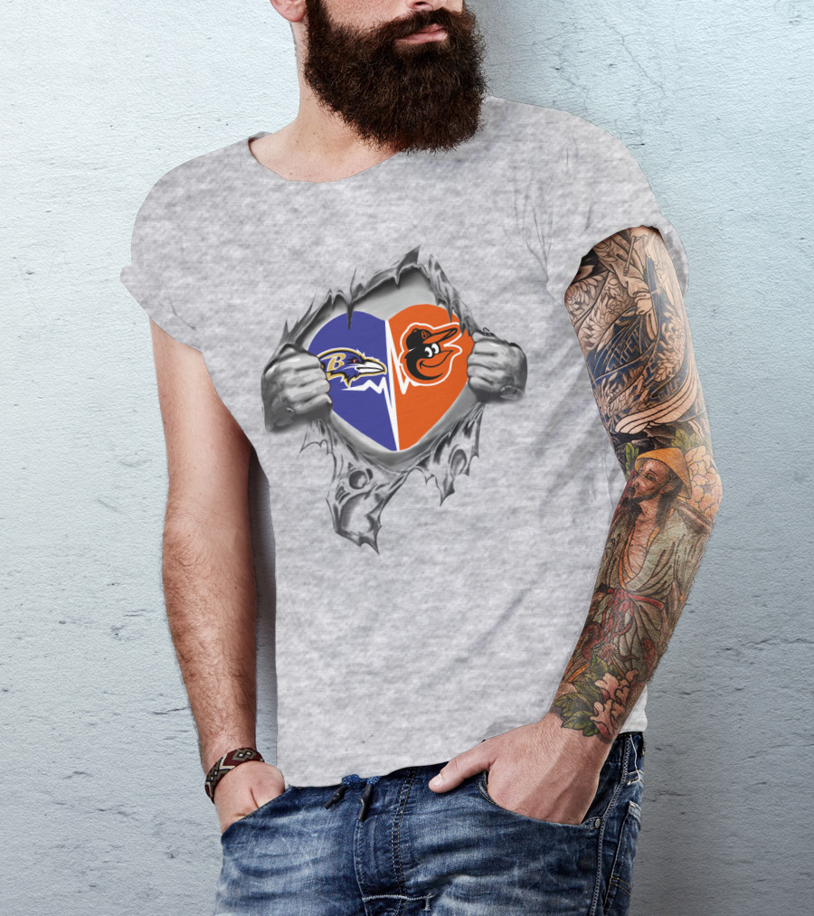Ravens Orioles Heart Embrace Dual Logos T-Shirt