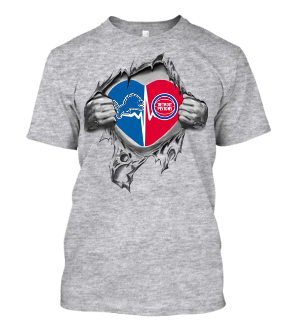 Detroit Lions Pistons Heart Display With Tearing Hands And Football Basketball Logos T-Shirt