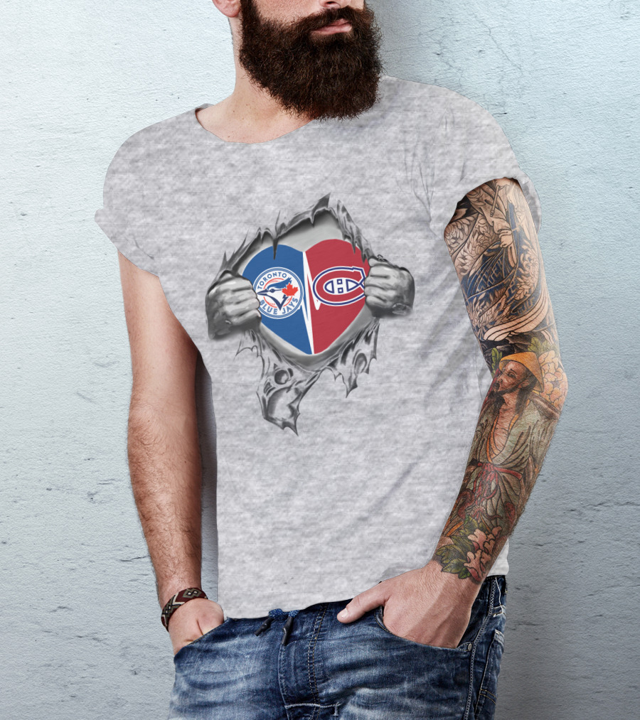 Blue Jays Canadiens Heart Torn Open Toronto Montreal Team Passion T-Shirt