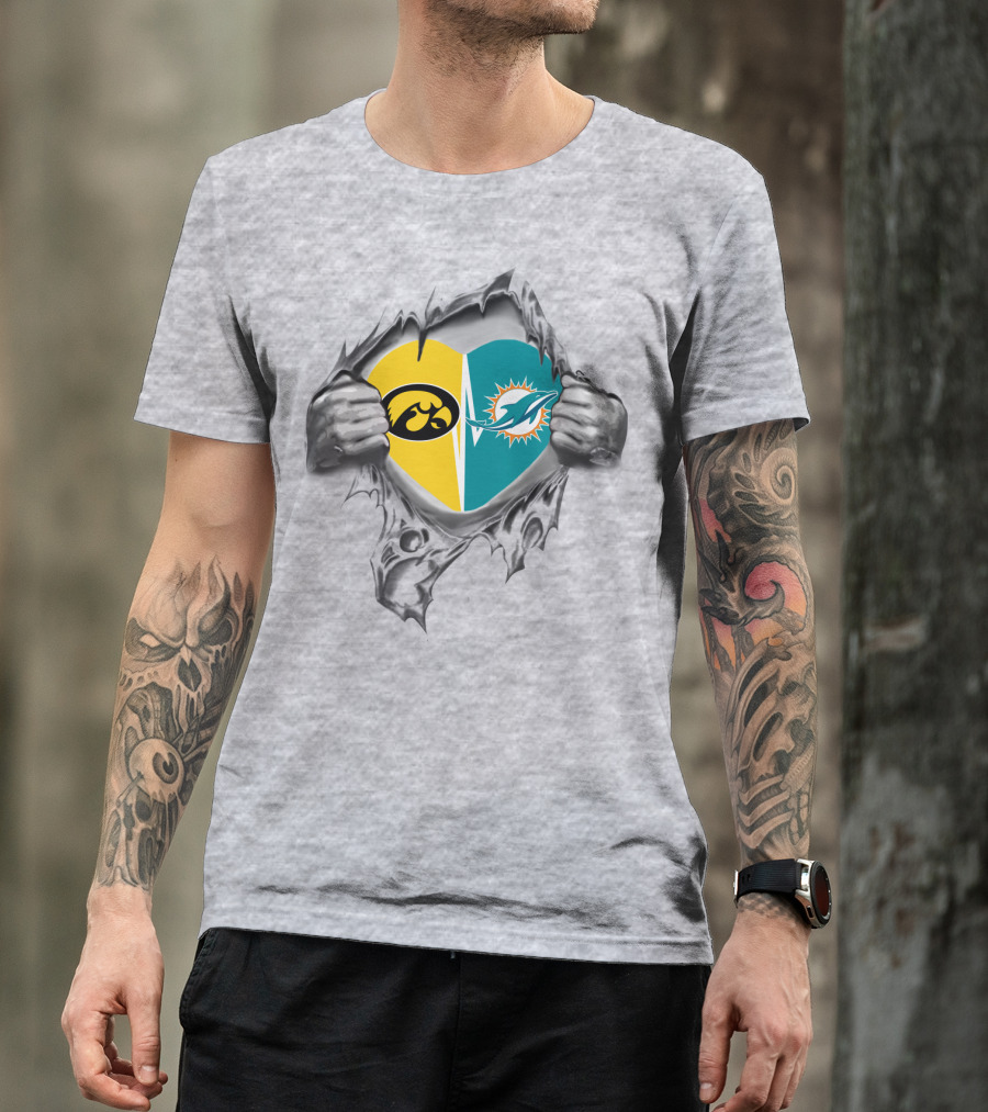 Iowa Hawkeyes Miami Dolphins Heart Rip T-Shirt