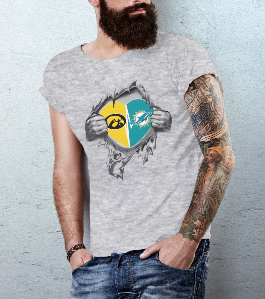 Iowa Hawkeyes Miami Dolphins Heart Rip T-Shirt