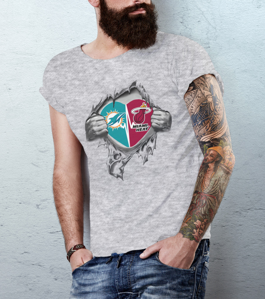 Miami Dolphins And Miami Heat Heart Torn Open Logo Passion T-Shirt