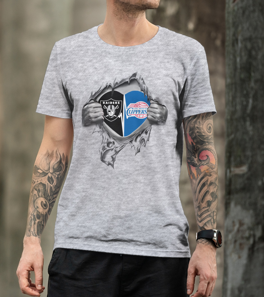 Raiders Clippers Logos Torn Heart T-Shirt