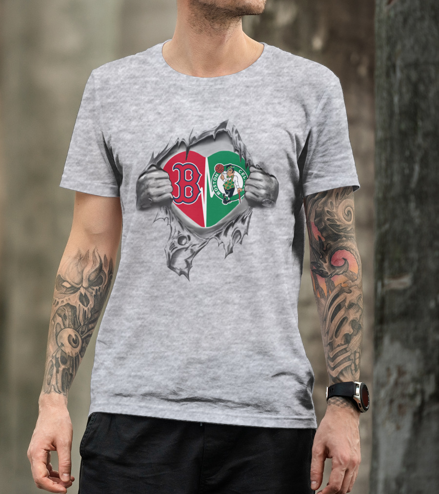 Red Sox Celtics Boston Pride Heart Torn Open Logo Fusion T-Shirt