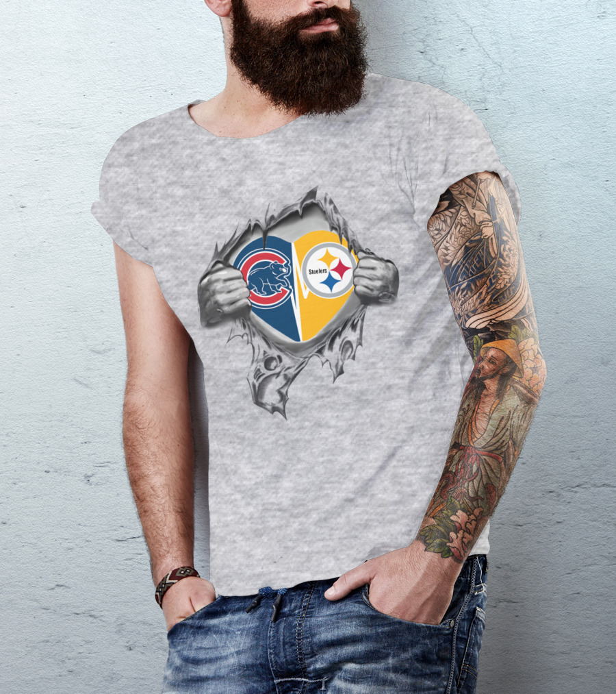Cubs Steelers Heart Logo Ripped T-Shirt