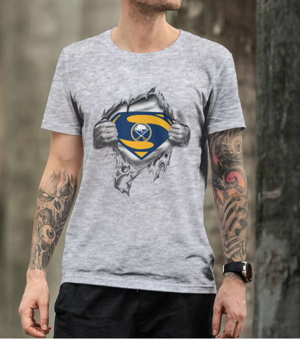 Sabres Logo Superhero Chest Breakthrough T-Shirt