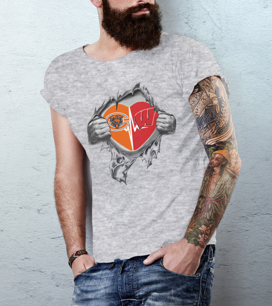 Bears Badgers Heart Chicago Wisconsin Football Pride T-Shirt