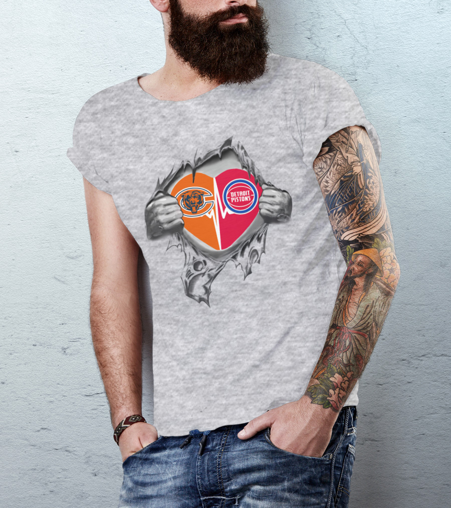 Chicago Bears Detroit Pistons Heart Logo Fusion T-Shirt