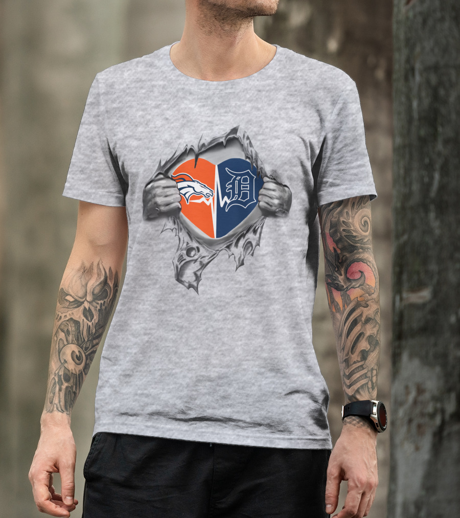 Broncos Tigers Heart Emblem With Hands Ripping Open T-Shirt