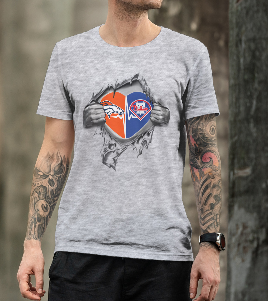 Broncos And Phillies Heart Torn Open By Hands Showing Logos T-Shirt