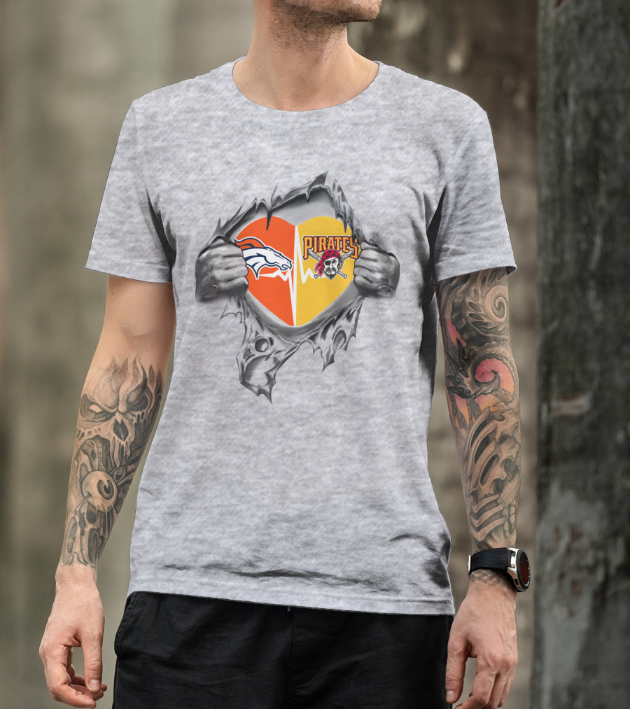 Broncos Pirates Heart Torn Loyalty Sports Fans Dual Team T-Shirt