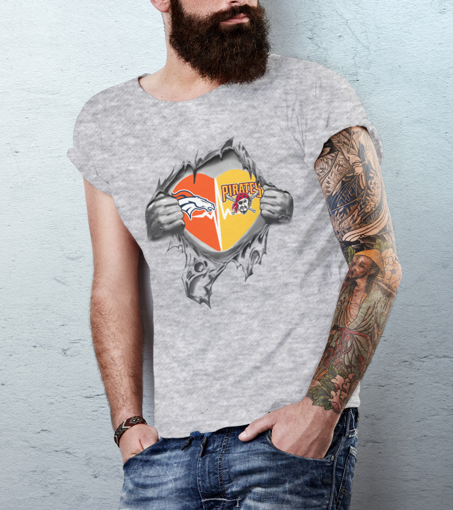 Broncos Pirates Heart Torn Loyalty Sports Fans Dual Team T-Shirt
