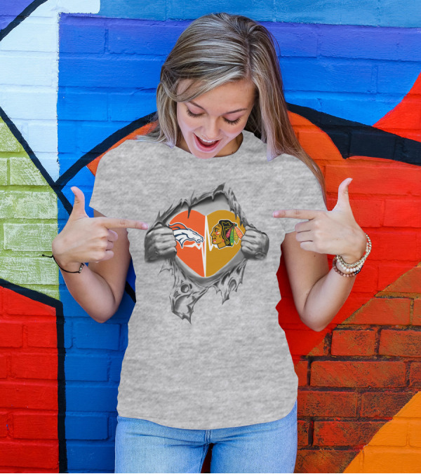 Broncos Blackhawks Heart Logos Torn Metal Effect T-Shirt