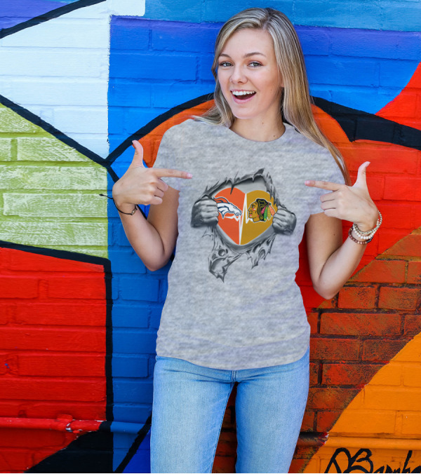 Broncos Blackhawks Heart Logos Torn Metal Effect T-Shirt
