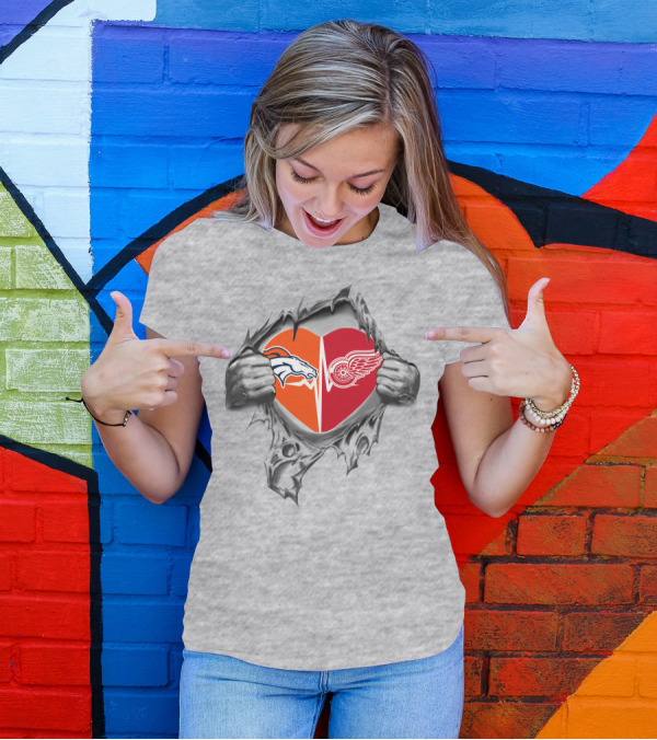 Broncos Red Wings Heart Graphic With Logos In Silver Hands T-Shirt