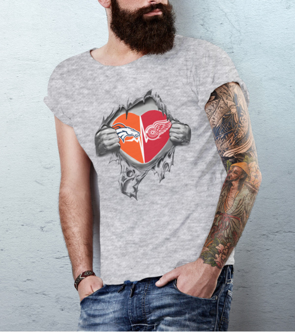 Broncos Red Wings Heart Graphic With Logos In Silver Hands T-Shirt