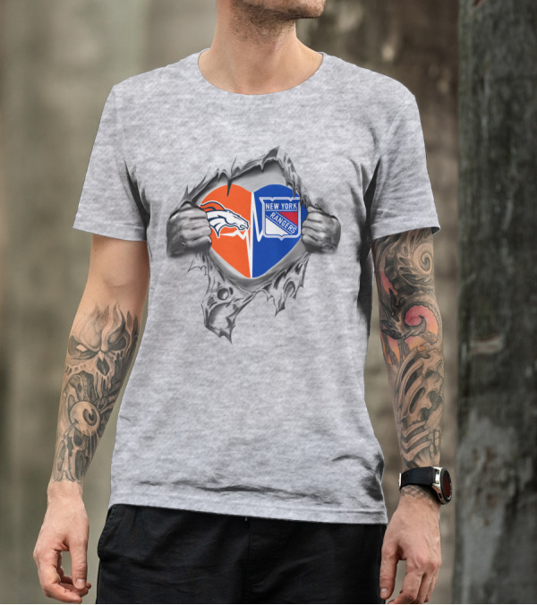 Broncos New York Rangers Heart Inside Tearing Through T-Shirt