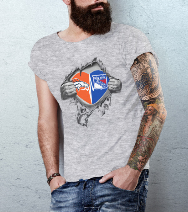 Broncos New York Rangers Heart Inside Tearing Through T-Shirt