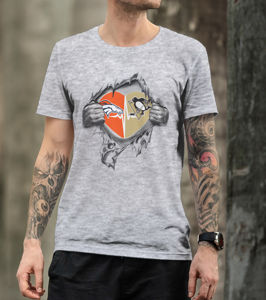 Denver Broncos Pittsburgh Penguins Heart Torn Open T-Shirt
