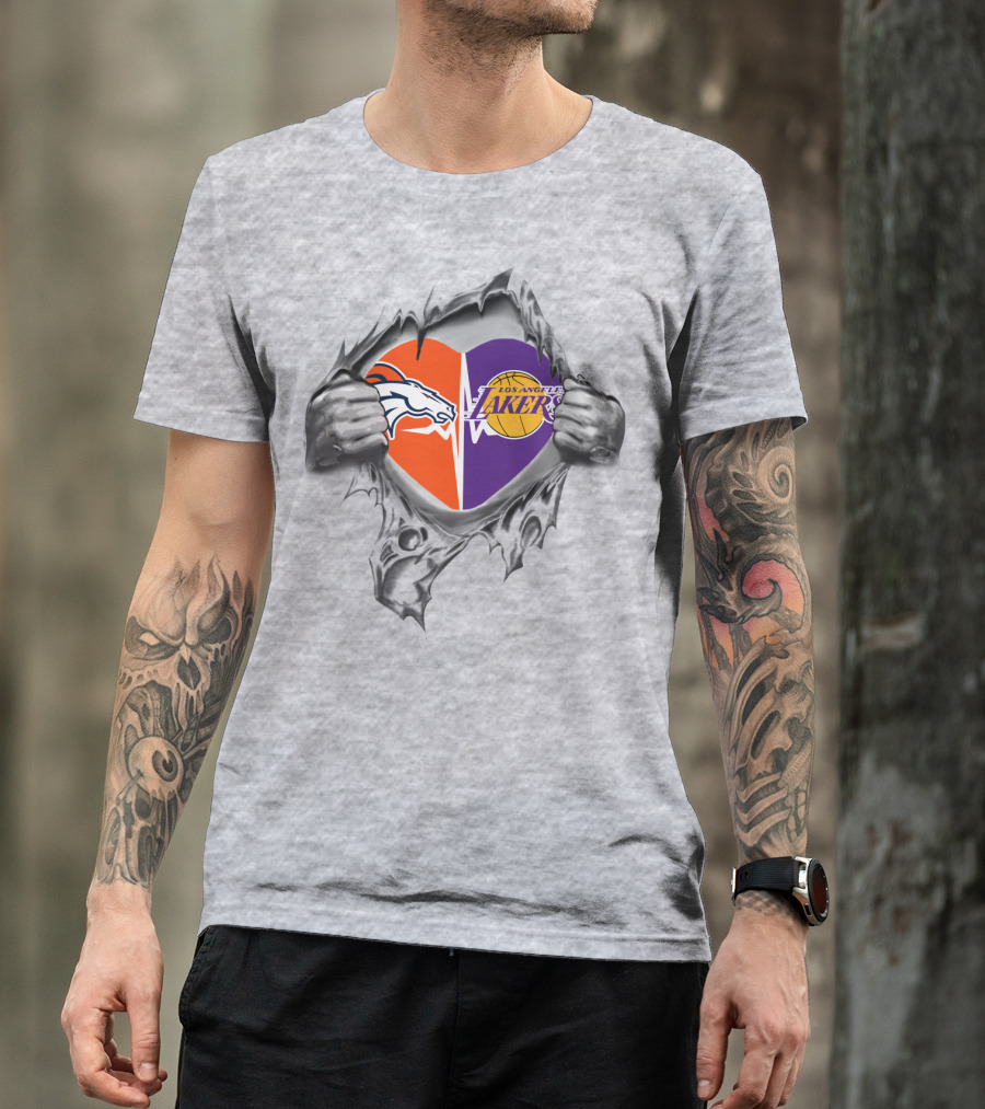 Broncos Lakers Heart With Iconic Logos And Hands Tearing Passionately T-Shirt