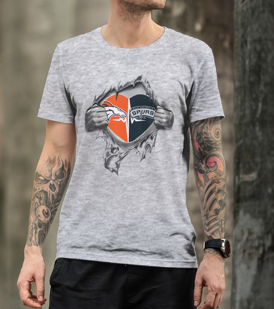 Broncos Spurs Heart Broncos Logo And Spurs Logo In Ripped Open Heart T-Shirt