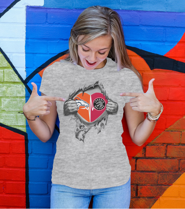 Broncos Raptors Heart Symbol With Ripped Jersey T-Shirt
